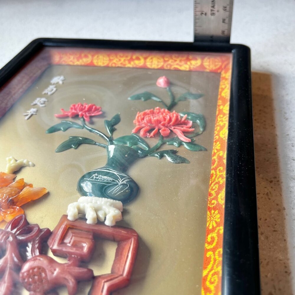 Chinese Carved faux Coral & Faux Jade Wall Art With Vase & Fish Design In Black - Picture 8 of 13